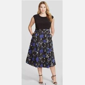 NWT Alex Evenings Dress Womens 20W Tea Length Cap Sleeve Floral Print Blue Black